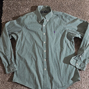 Ralph Lauren Shirt Mens Large Green White Striped Classic Fit Long Sleeve Cotton